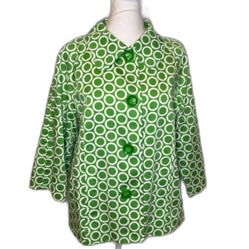 Victor Costa Green White Polka Dot Jacket M 3/4 Sleeve Collared Button Front